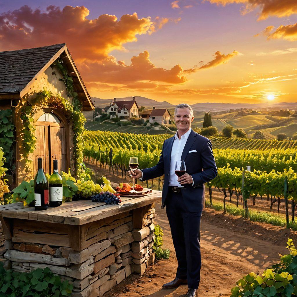 A picturesque landscape featuring lush organic vineyards stretching under a golden sunset, with a sommelier holding a glass of wine, showcasing its rich color. Include rustic wooden vineyard signs and clusters of ripe grapes, while showcasing a charming wine cellar in the background. The sky is painted with warm hues, creating an inviting atmosphere of adventure. super-realistic. vibrant colors. warm tones.
