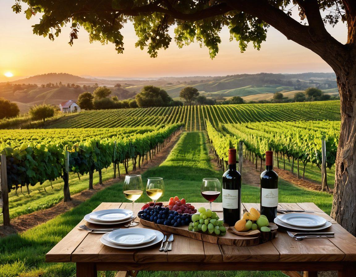 An elegant vineyard at sunset, showcasing different grape varieties in lush, green rows. In the foreground, a wooden table is adorned with various organic wines in unique bottles, paired with gourmet cheeses and fresh fruits. Soft, warm light enhances the colors of the wine, while a subtle overlay of wine tasting notes adds an informative touch. The atmosphere is inviting and serene, embodying the essence of organic wine culture. super-realistic. vibrant colors. warm tones.