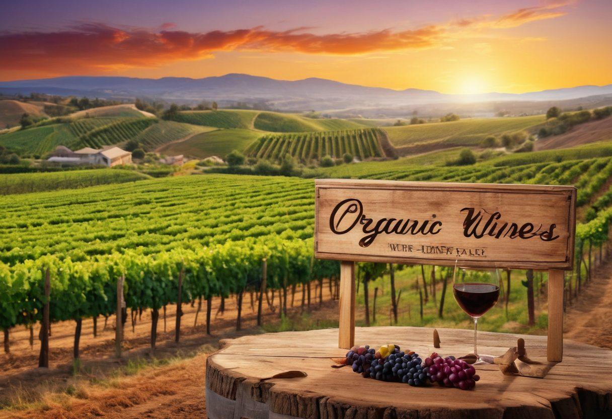 A beautifully arranged vineyard scene at sunset, showcasing rows of organic grapevines with ripe grapes, a rustic wooden vineyard sign saying 'Organic Wines', a wine glass filled with deep red wine, and a background of rolling hills. The image should evoke a serene and inviting atmosphere for wine lovers. vibrant colors. super-realistic.